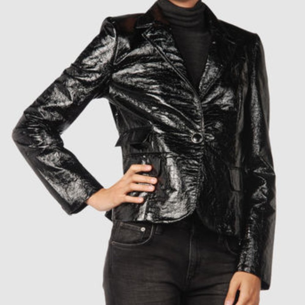 American Retro Black Crinkle Faux Leather‎ 70s Style Jacket Size IT 40 US 4